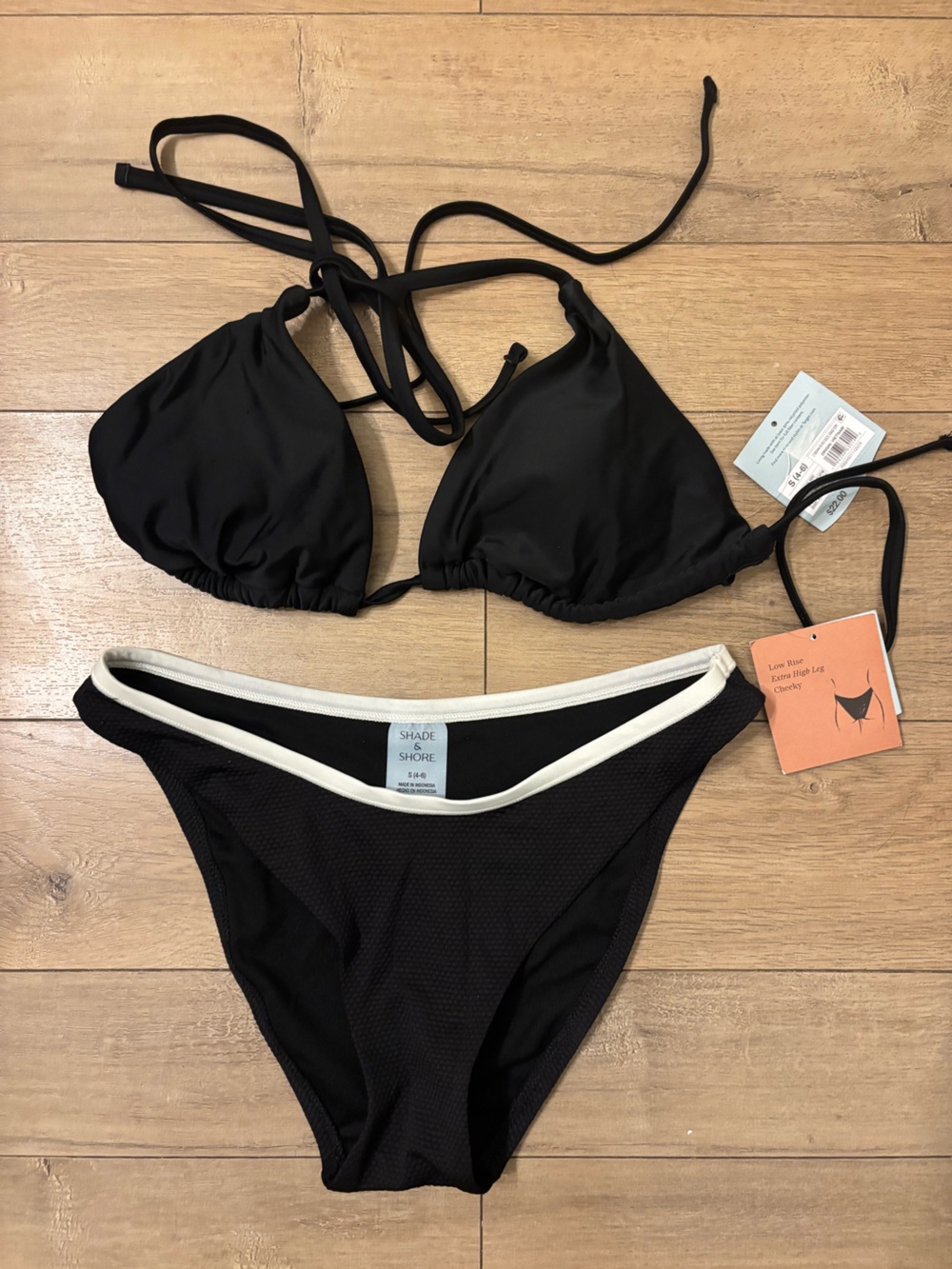 Shade & Shore Black Triangle Bikini Top Small with small bottoms with white